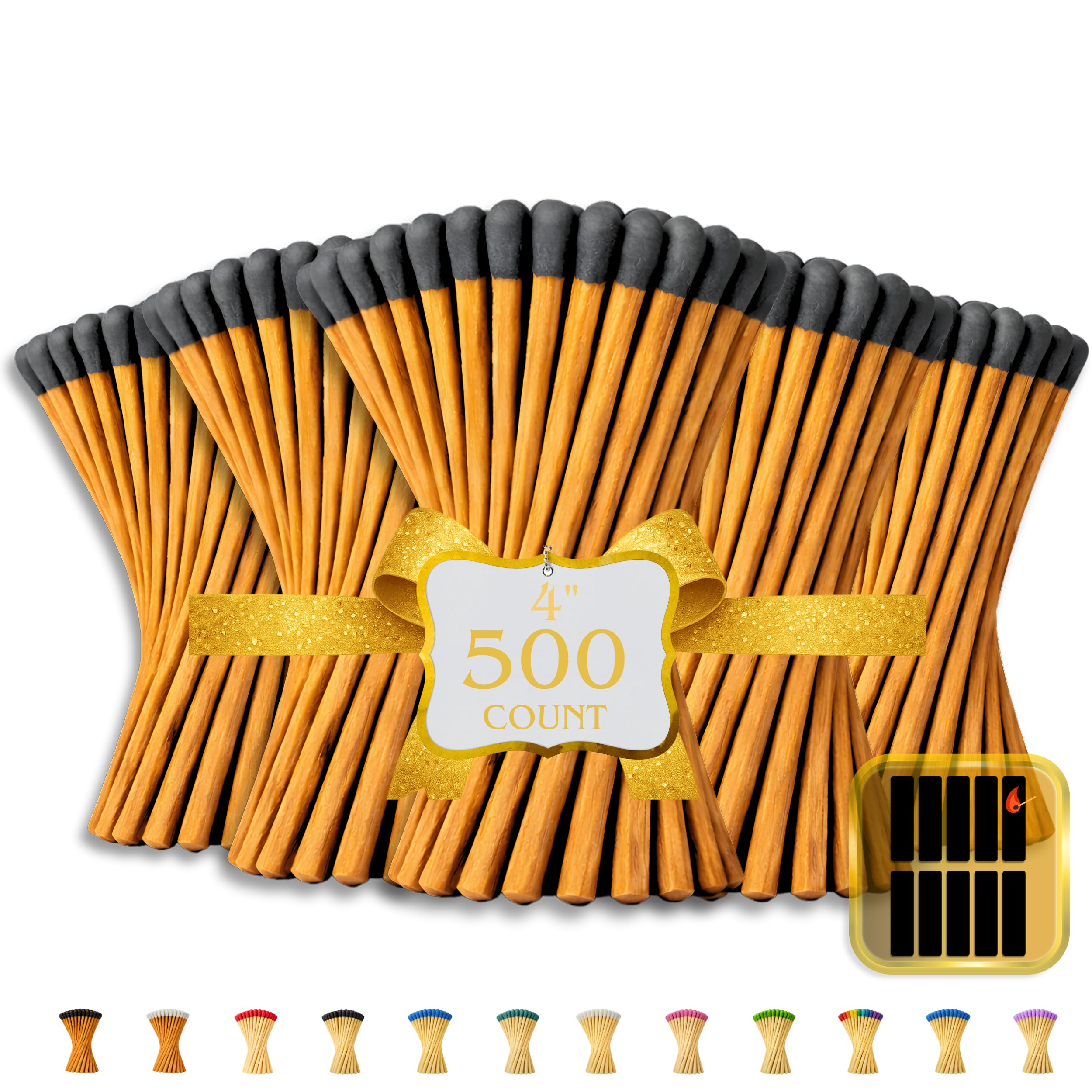 500 Count | 4" Brown Stick Matches | Strikers Included | Color Tip Wooden Match | Refill for Matchstick Jars, Candle Display, Holders &amp; Bottles | 4 in inches Long