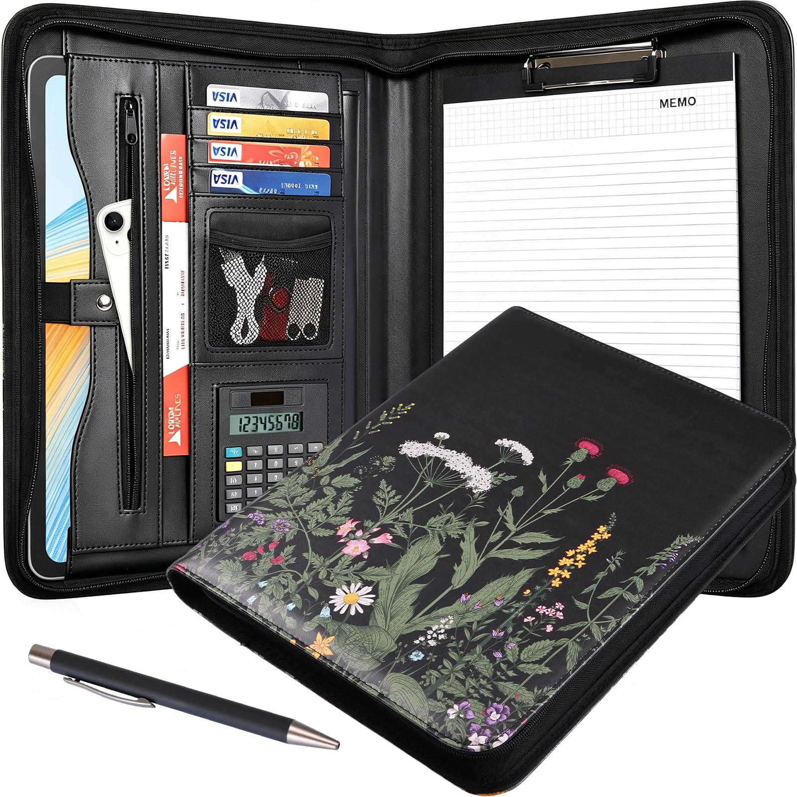 Eshow Padfolio for Men Women with Pen, Leather Portfolio with Zipper – Professional Interview Resume Organizer with Card Holder, Writing Pad &amp; File Folders for Business, Lawyer, Student
