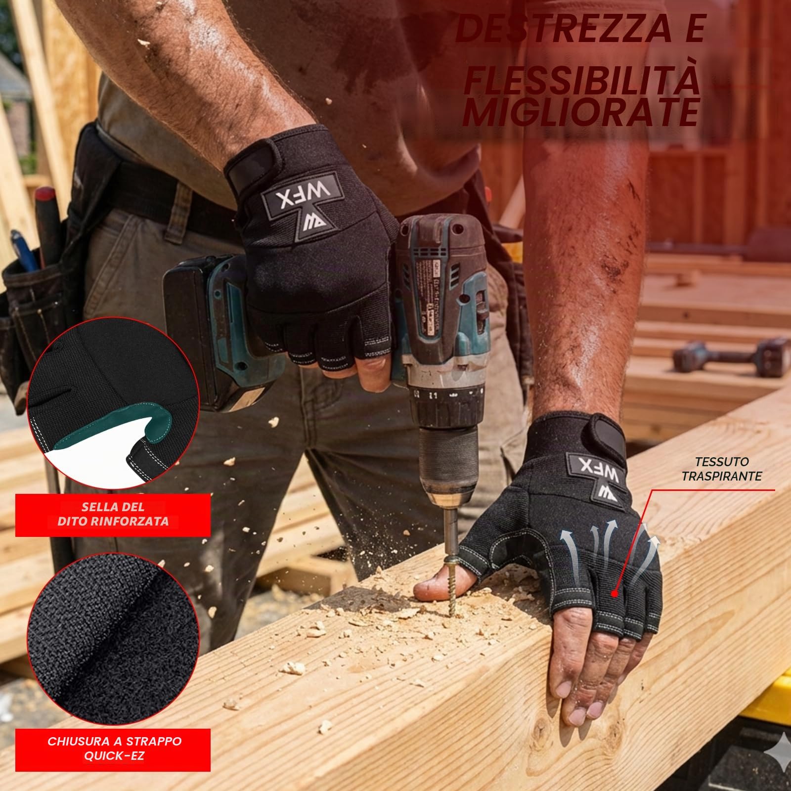 WESTWOOD FOX GEAR Guanti Resistenti Senza Dita, Guanti protettivi da Lavoro, Palmo Imbottito, Mezze Dita Nere (Grande)