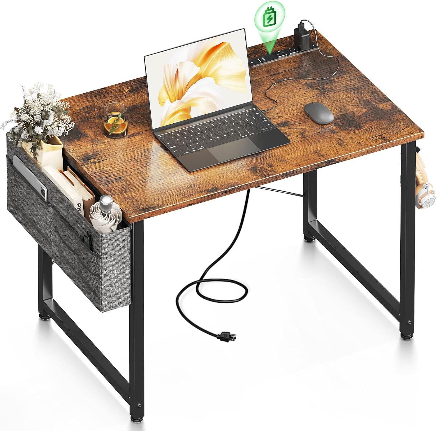 ODK Computer Desk - 32 Inch Office Writing Desk for Home, Student Study Desk with Storage Bag, Headphone Hook & Power Outlets, Modern Simple Table for Bedroom, Vintage