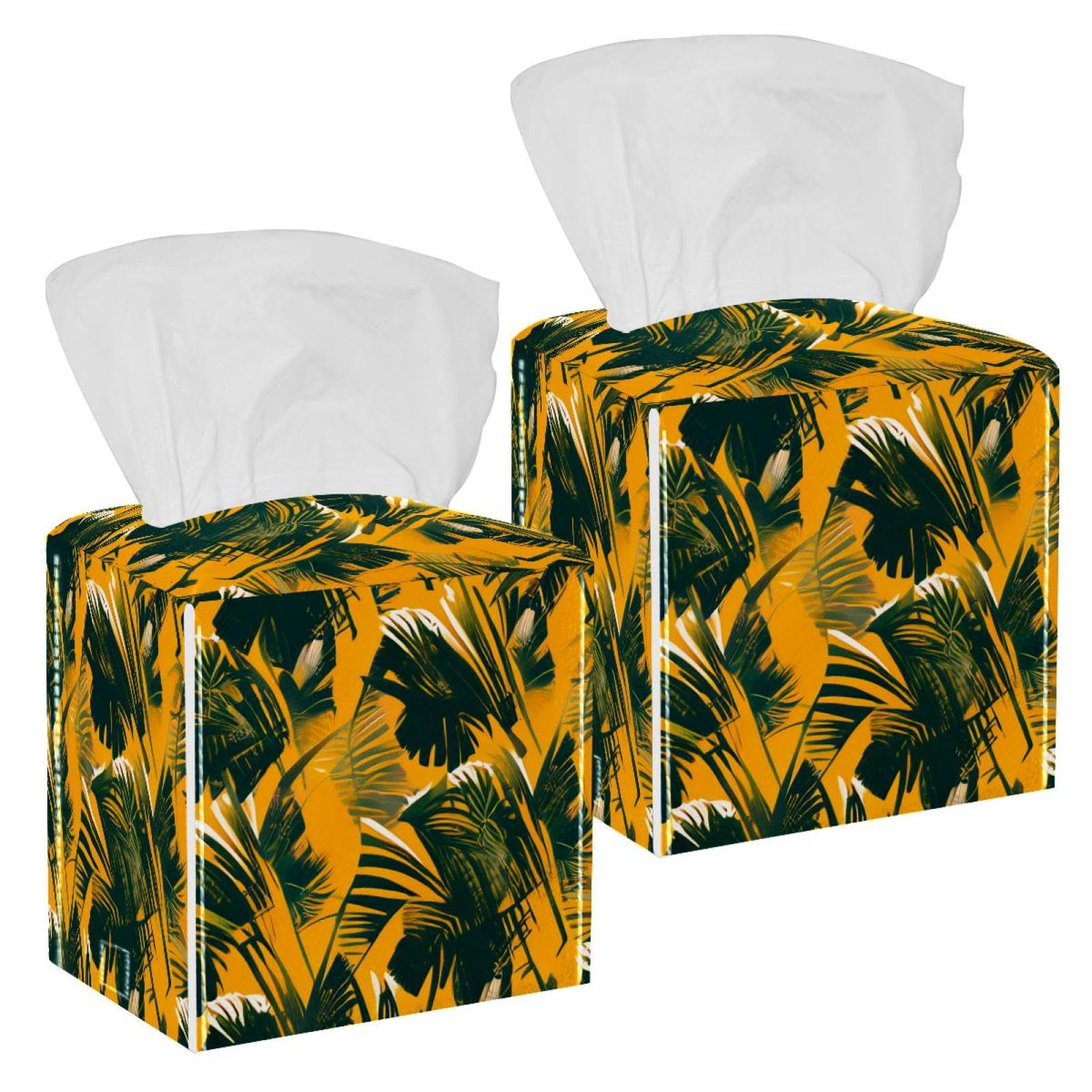 Coconut Leaves Tissue Box Cover, 2 Pack PU Leather Square Facial Tissue Dispenser Box holder for Home Office Car