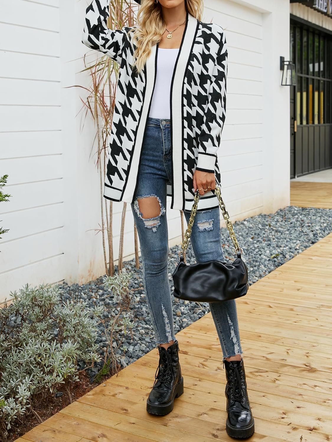 Women's Houndstooth Cardigan Sweater, Lightweight Open Front Knit, Long Sleeve Classic Checkered Outerwear for Fall - Image 3