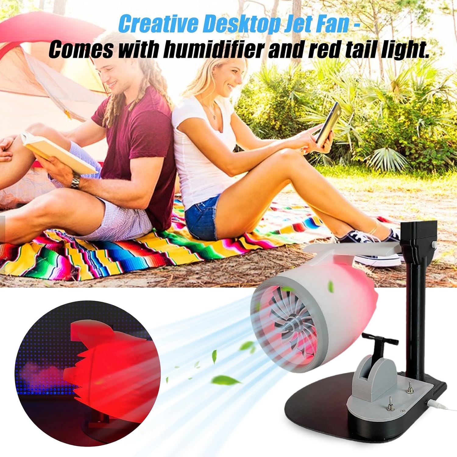 2-In-1 Turbo Fan for Desk,Creative Turbo Desktop Fan with Light,Turbo Jet Fan for Office with Humidifier and Red Tail Lights,Adjustable Turbofan Engine Shape Cooling Fan White