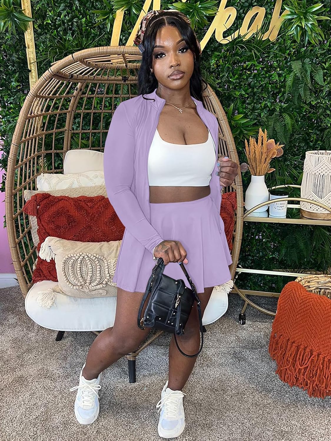 Women 2 Piece Outfits Tracksuit Sets Long Sleeve Zipper Jacket Crop Top and Mini Skirt Skort Set Casual Workout Sweatsuits