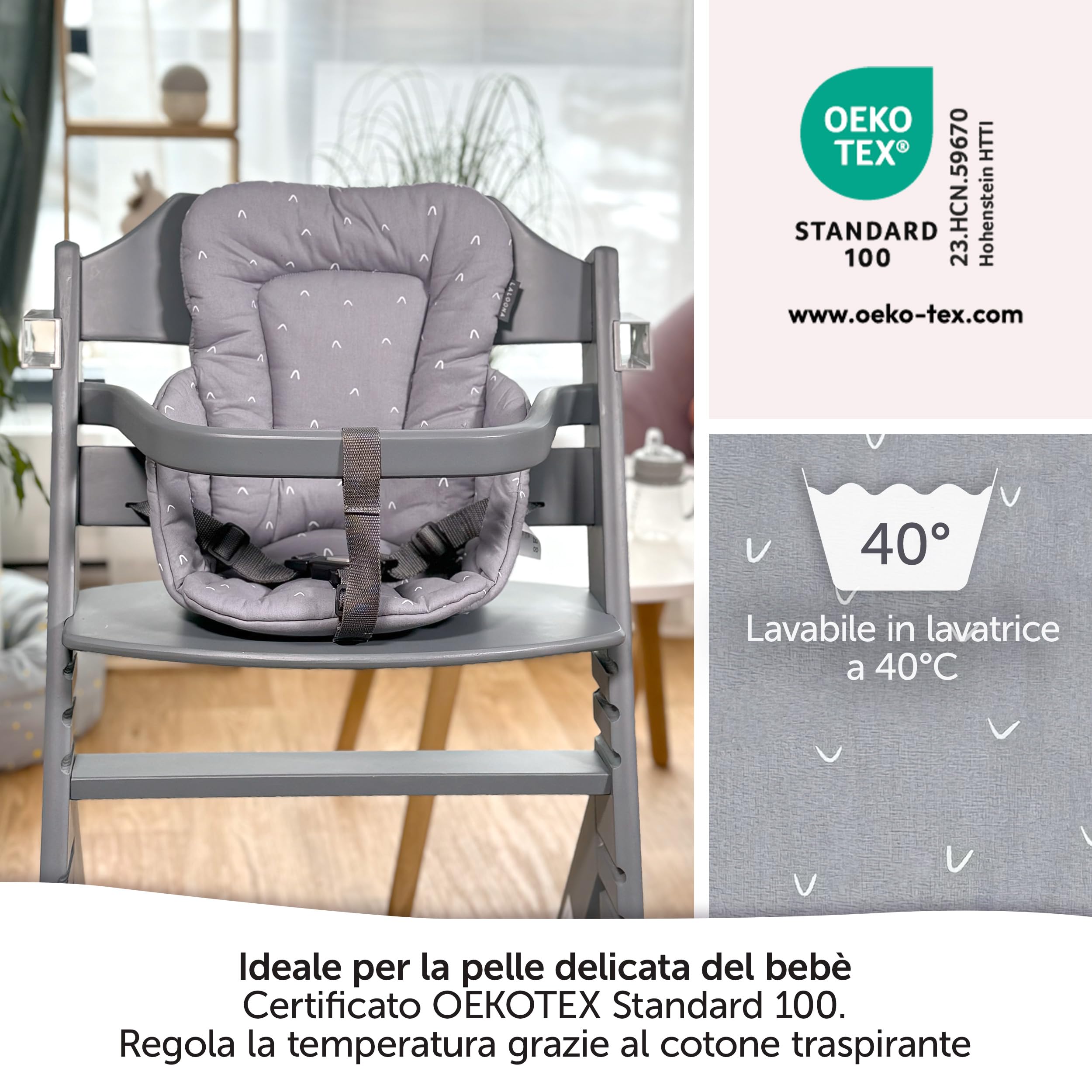 LaLoona Cuscino Riduttore Seggiolone Per Safety 1st/Bebeconfort Timba - Riduttore Seggiolone Pappa Bimbo Morbido, OEKO-TEX Standard 100, Lavabile in Lavatrice - Grigio