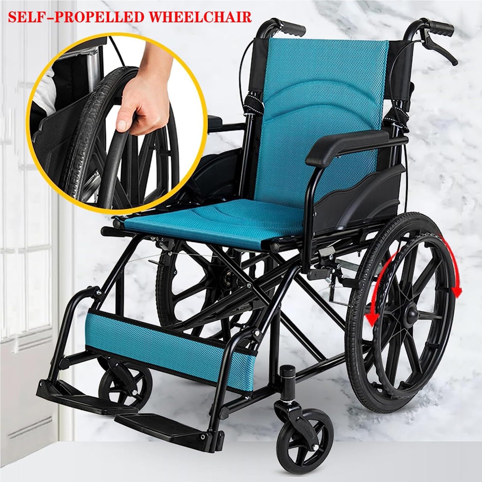 Silla De Ruedas Para Adultos Autopropulsada, Silla De Ruedas Plegable Ligera, Silla De Ruedas De Aluminio Con Cinturón De Seguridad Para Personas Mayores, Ayuda Para La Movilidad, Max 100 Kg blue