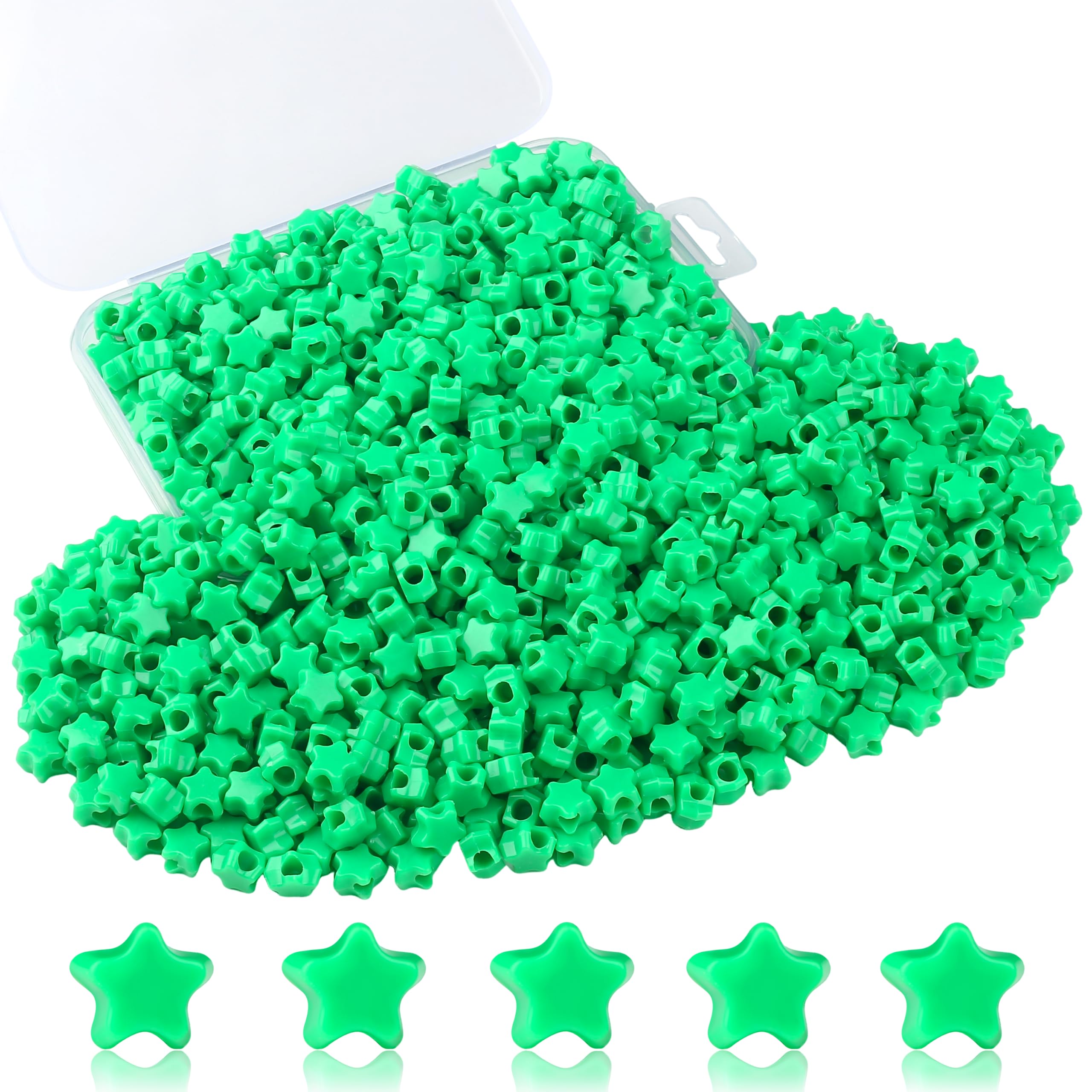 XIANNVXI 1000 Pcs 10mm Green Star Beads,4mm Hole,Loose Acrylic Green Star Pony Beads with Storage Box,for DIY Friendship Bracelets,Crafting,Earrings,Jewelry Making,Hair Braid,Party Decoration