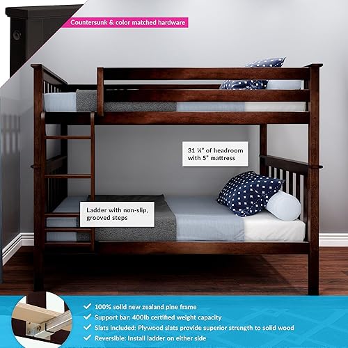 Miniatura 39 de Max & Lily - Litera de tamaño individual sobre matrimonial con escalera, base de cama de madera maciza para niños, barandillas de seguridad de 14