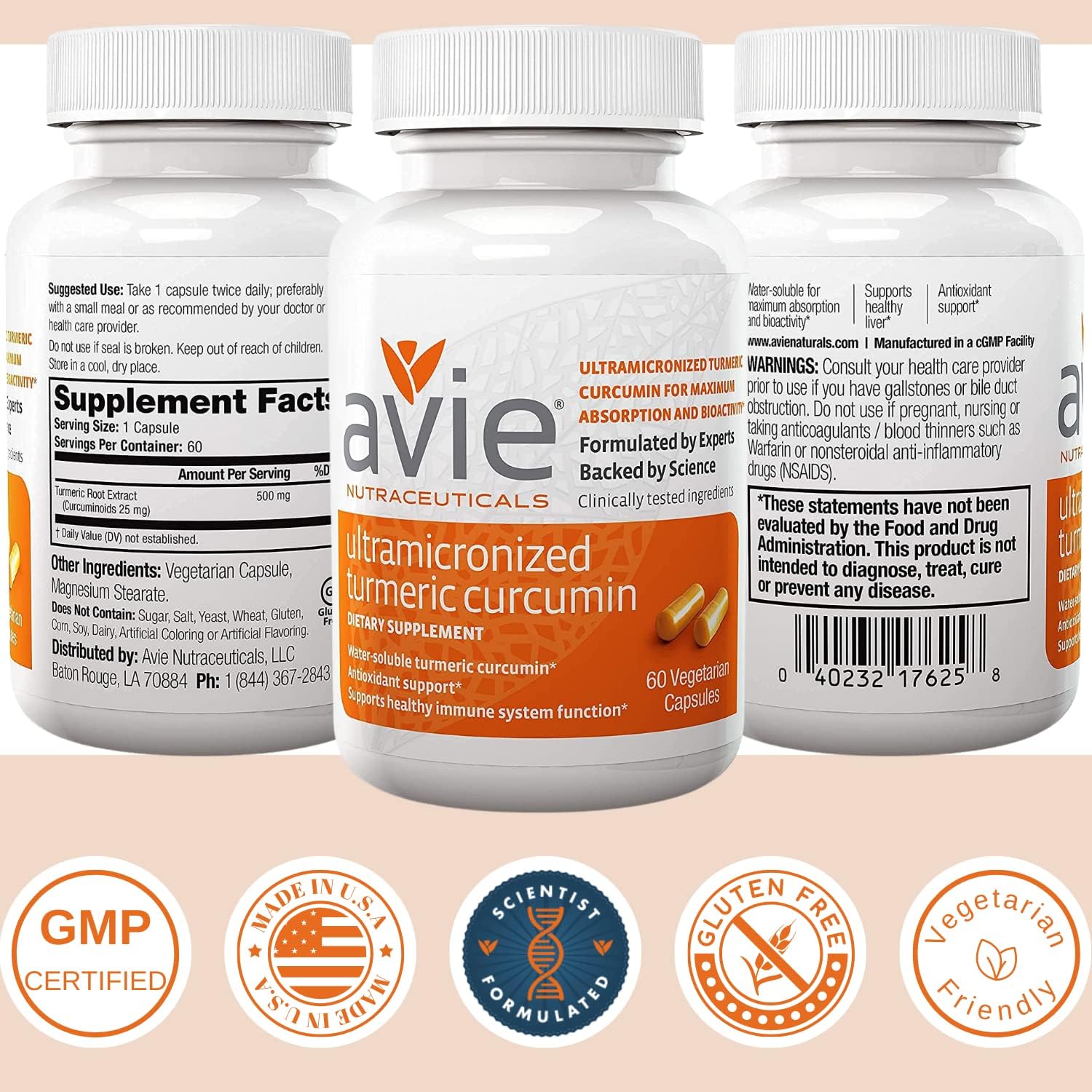 Avie NUTRACEUTICALS Ultra Micronized Turmeric Curcumin Supplement (60 Capsules), Turmeric Root Extract for Antioxidant Support - Gluten Free, Vegetarian, GMP-Certified