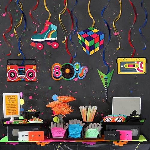 Miniatura 5 de LINGTEER Kit de decoración de fiesta de los años 80, 12 piezas retro de los años 80 para colgar en el techo, serpentinas perfectas para escenarios