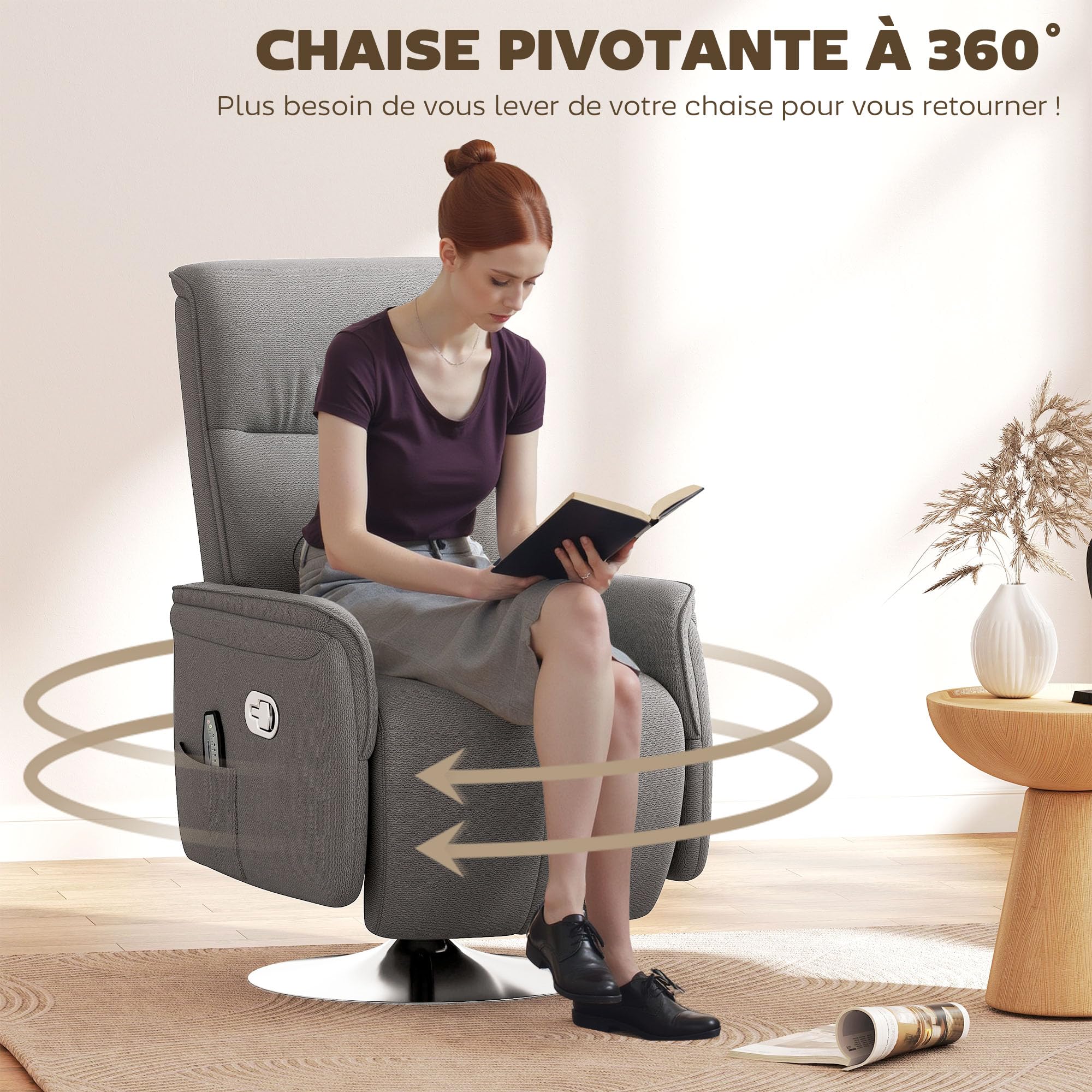 HOMCOM Fauteuil Relax massant, Fauteuil de Relaxation inclinable pivotant à 360°, Dossier et Repose-Pieds réglable, télécommande, Poche latérale, Tissu Aspect Lin, Chaise TV pour Salon Chambre, Gris