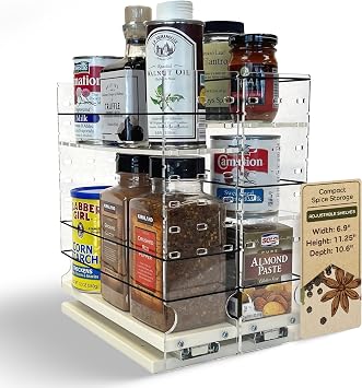 Vertical Spice Adjustable Spice Rack Drawer - Pull Out Cabinet Organizer - Kitchen and Pantry Organizers and Storage - Spice Caddy - 2 Drawers, 3 Upper Tier 6.9" W x 11.25" H x 10.6" D, Cream