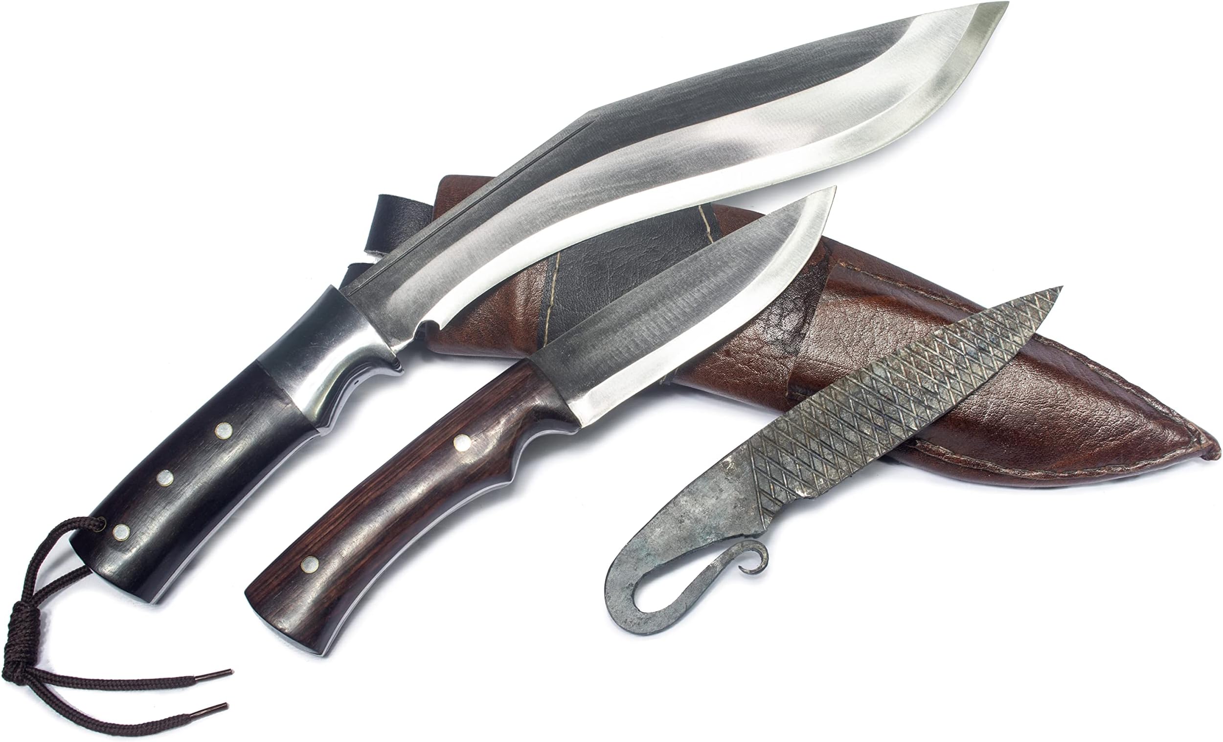 MASUM 10” Blade Authentic Afghan Kukri, Afghan OEF Khukri, Handmade Military khukri, Carbon Steel, Rosewood Handle, Brown Leather Scabbard Full Tang Khukuri w/ 2 extra small knives