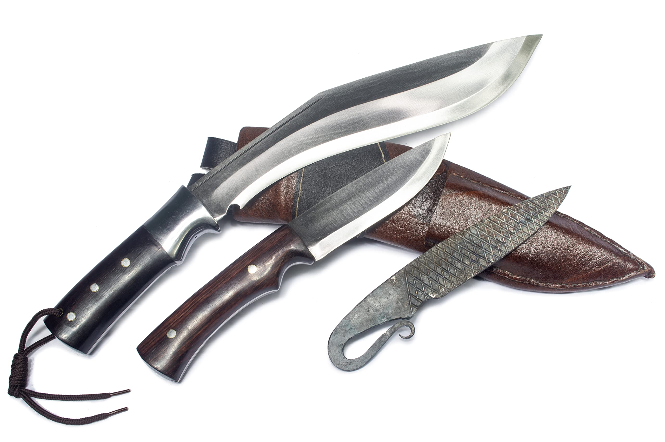 MASUM 10” Blade Authentic Afghan Kukri, Afghan OEF Khukri, Handmade Military khukri, Carbon Steel, Rosewood Handle, Brown Leather Scabbard Full Tang Khukuri w/ 2 extra small knives