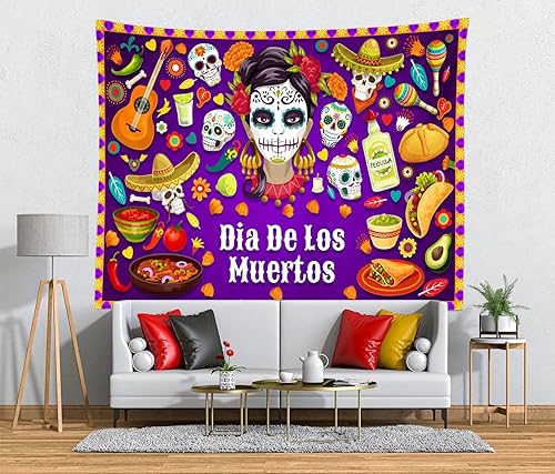 Miniatura 2 de CORFOTO Tapiz Dia DE Los Muertos Día de los Muertos, Tapiz colgante de pared Pan De Muerto Tequila Calavera de Azúcar Decoraciones de pared para