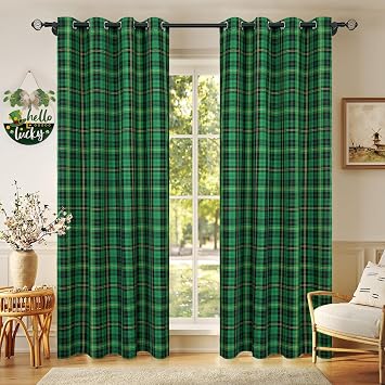 Plaid Check Curtains for Living Room Green Black Tartan Buffalo Gingham Vintage Holiday Decor Light Filtering Grommet Window Curtain Drapes, 2 Panels, 52 x 84 Inch