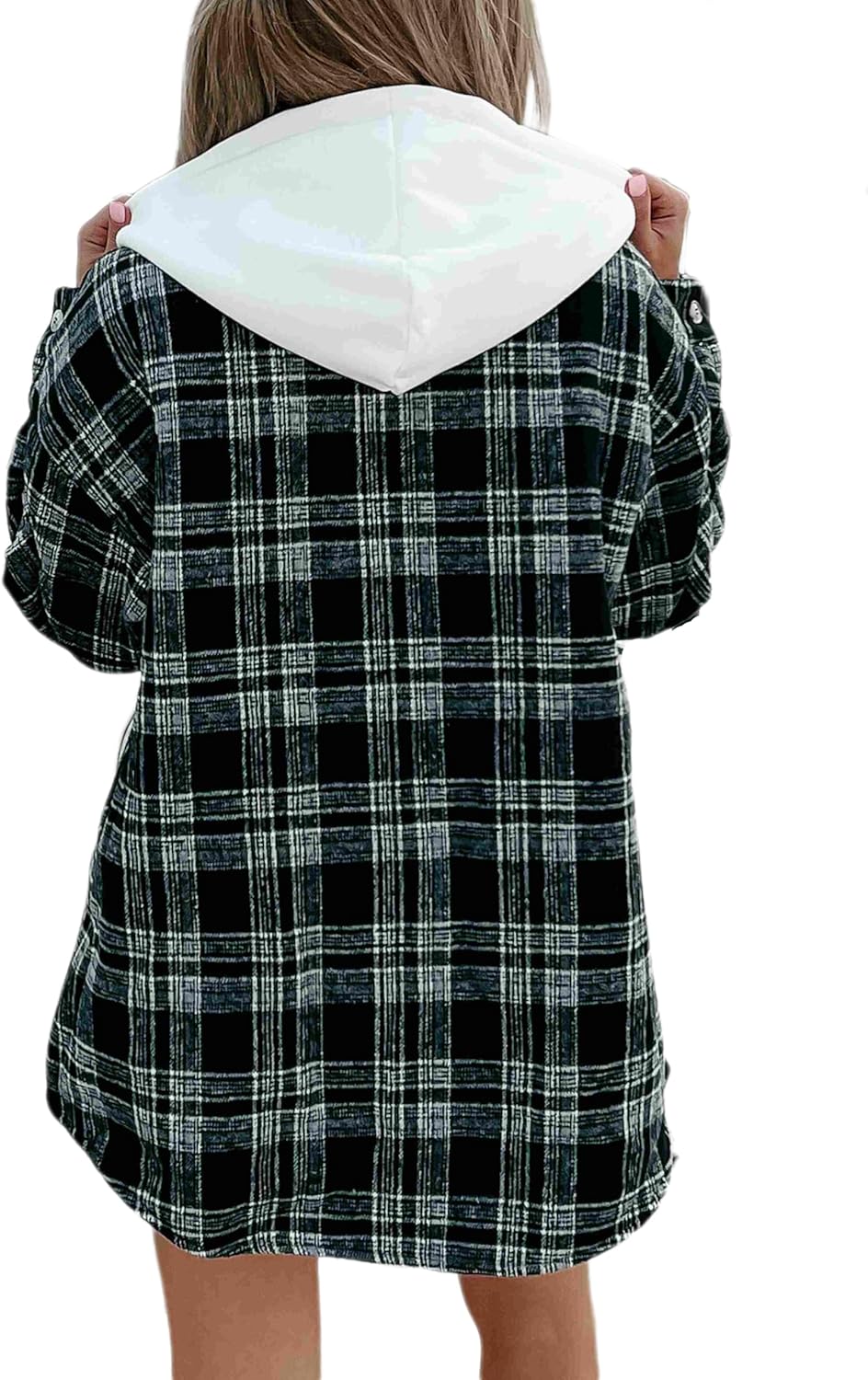 Merryfun Womens Plaid Shacket Jacket Sherpa Lined Flannel Jackets Oversized Button Up Fleece Hooded Warm Coat - Image 5