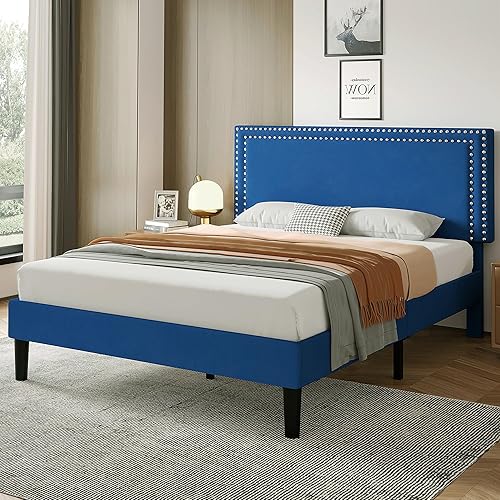 Miniatura 191 de VECELO Base de cama de tamaño matrimonial con cabecera tapizada ajustable, plataforma de listones de madera, diseño sin ruido, fácil montaje Negro