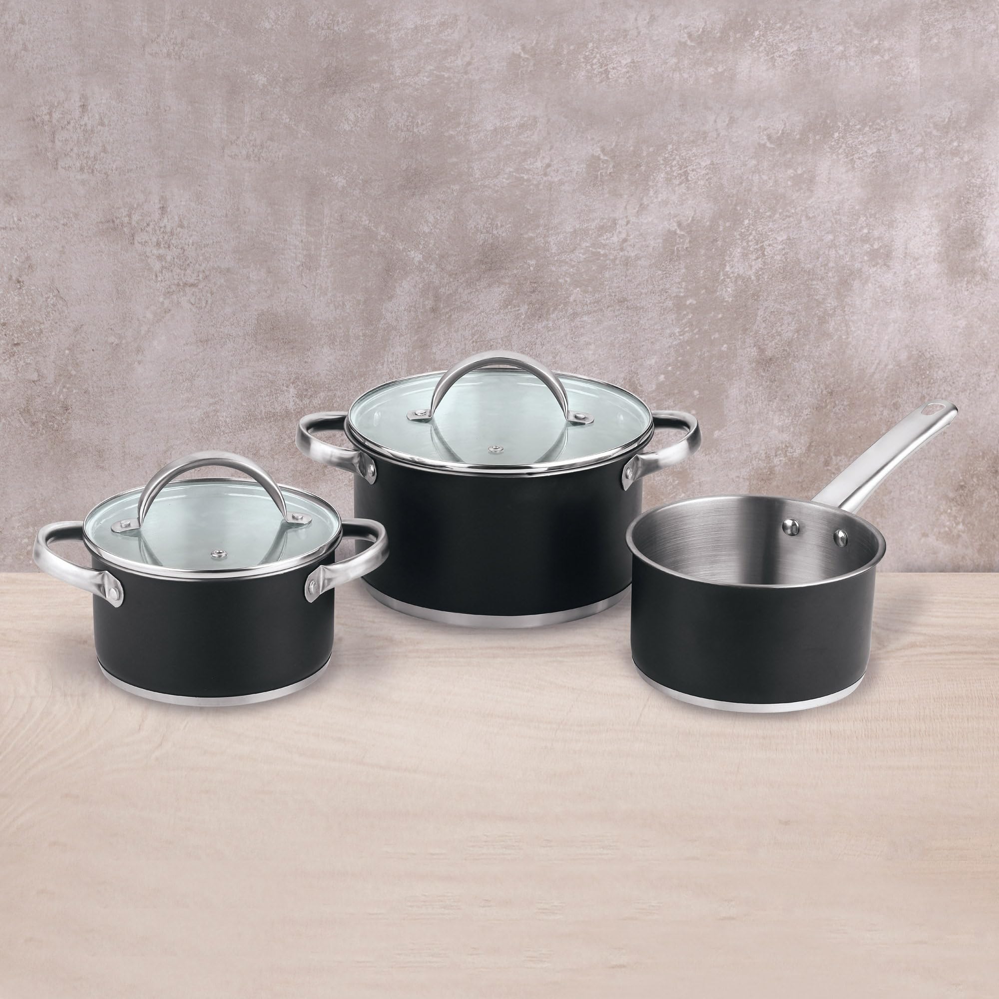 Batería de cocina 5 piezas: Ø16 Ø20 y Ø24 cm en acero inoxidable con tapas + Juego de sartenes Ø16 Ø20 Ø24 aluminio prensado, inducción