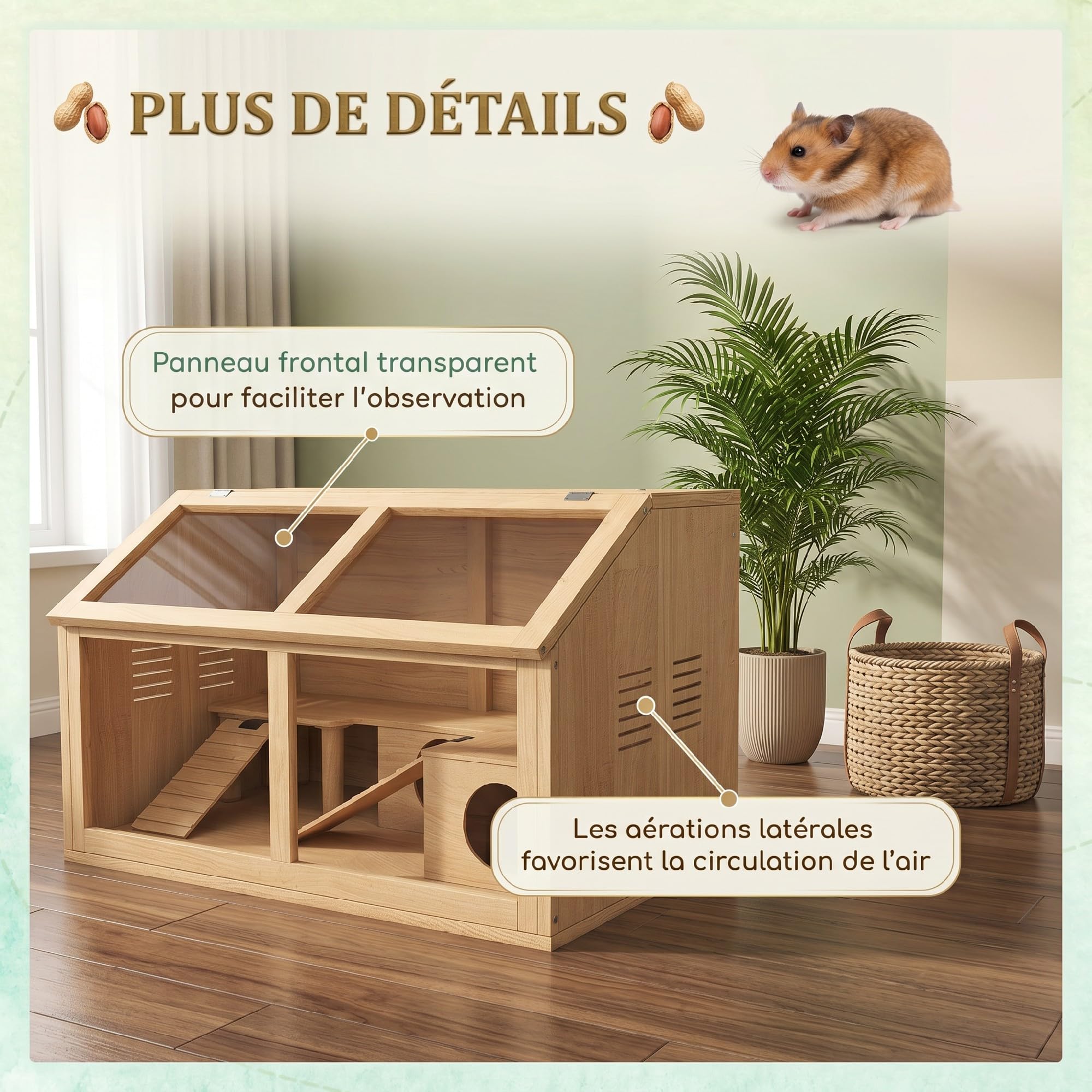 PawHut Cage Hamster en Bois avec Acrylique, Habitat spacieux pour Rongeur avec Ventilation, Accessoires et Couvercle ouvrant, Terrarium pour gerbilles et Souris, Effet Bois Naturel, 85x45x44cm