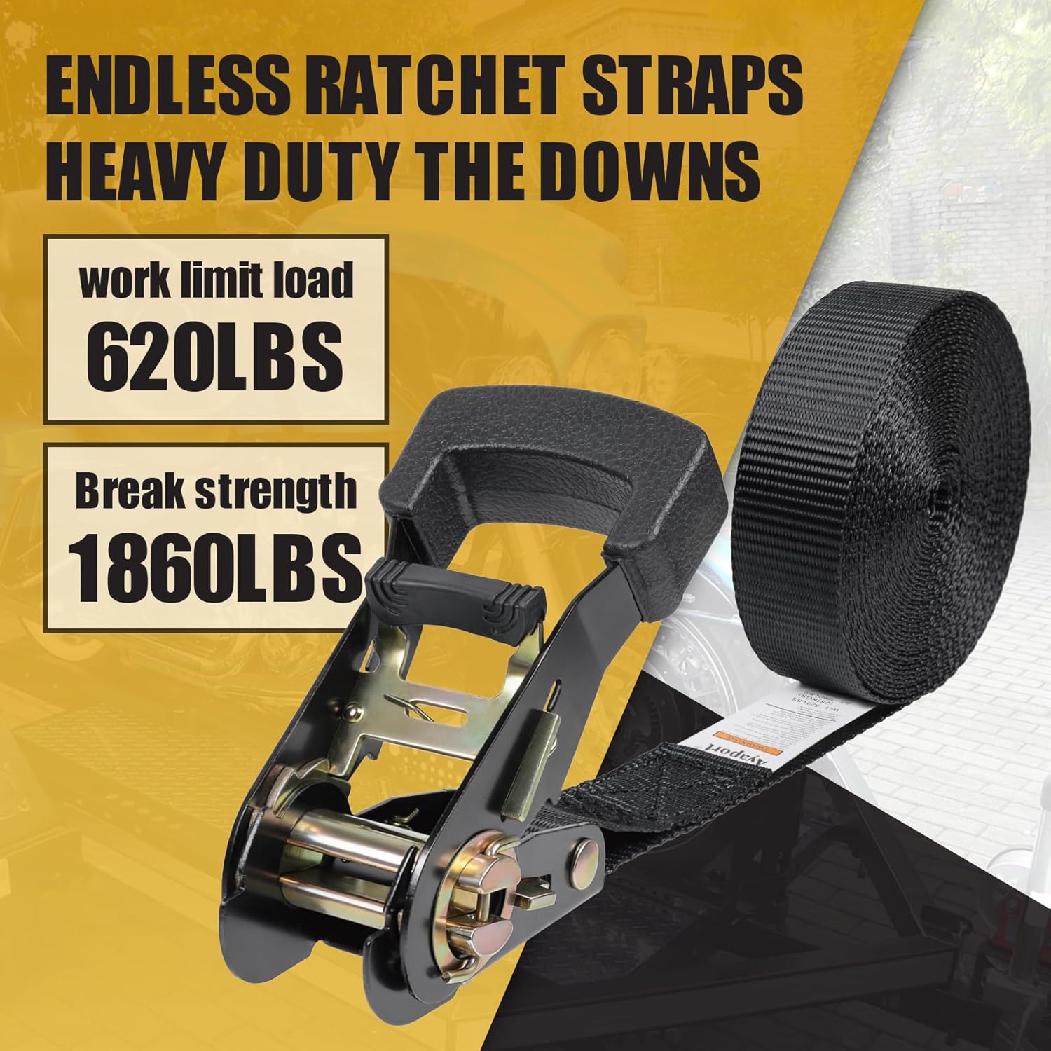 Ayaport Endless Ratchet Straps (No Hooks) 1" x 20' Heavy Duty Small Ratchet Tie Down Straps 1860lbs Break Strength Black Tie Downs for Cargo, Truck Bed, Motorcycle, 4Pcs