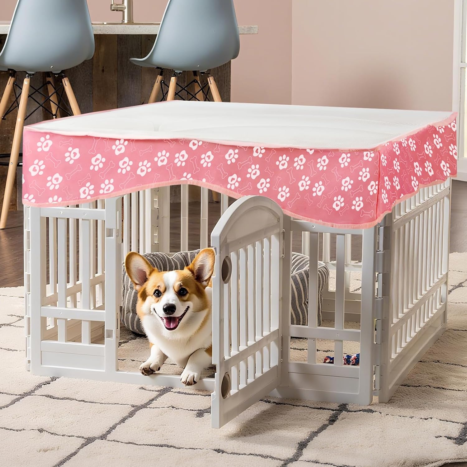 Dog Playpen Mesh Top Cover for 36 Inch 4 Panels Pet Dogs Playpen, Adhesive Tape Connections Panels Paw Dog Pen Cover, Fits Indoor & Outdoor Use (Note: Playpen Not Included) (Pink)