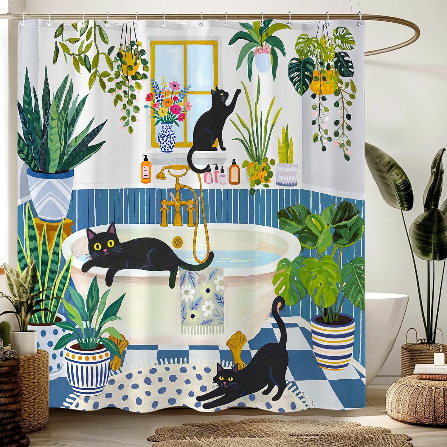 Cat Dopamine Illustration Shower Curtain, Fun Tropical Plants Black Kitten Colorful Matisse Bathroom Decor, Blue 72x72 inch