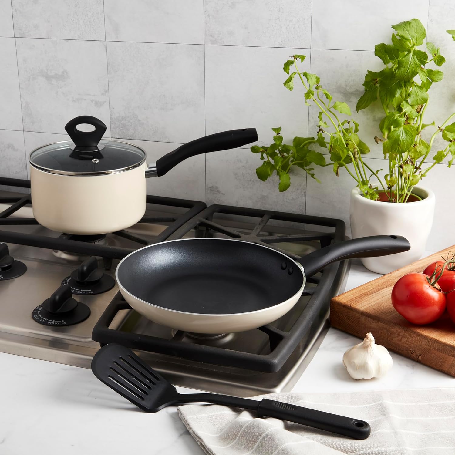 Basic Essentials 4-Piece Nonstick Aluminum Starter Cookware Set, Fry Pan Skillet Saucepan Pot with Glass Lid and Nylon Spatula Turner, Cream White