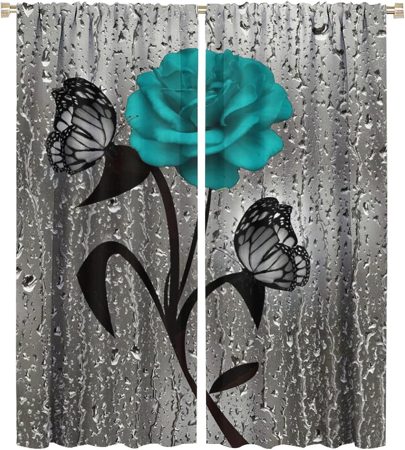 Rain Rose Decor Window Curtain, Turquoise Curtain, Gray and Teal Rose Fall Raindrop Dark Blue Floral for Home Kitchen Restaurant Decoration Window Curtain 2 Panels 42x54 Inch