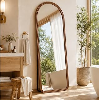 24x65 Inch Wood Arched Full Length Floor Mirror, Red Walnut