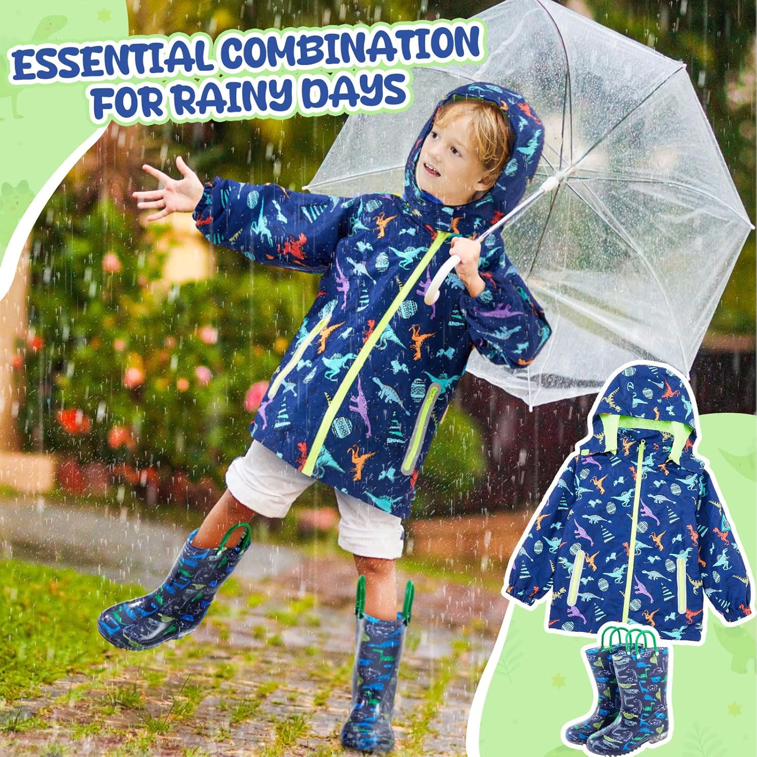 Twistover Boys Rain Jacket and Boots Set Kids Rain Coat with Detachable Hood Windbreaker for Toddler Windproof Waterproof