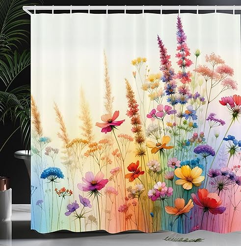 Ambesonne Cortina de ducha floral, delicadas ramas y flores de prado en colores suaves, concepto Spring Joy, juego de decoración de baño de tela con