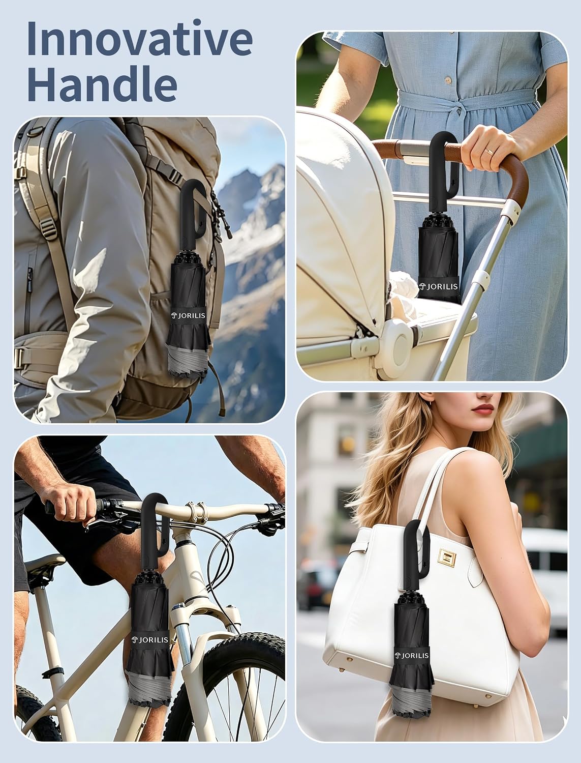 Jorilis Inverted Umbrella with Carabiner Handle - Large Umbrellas for Rain with Reflective Strip, Compact Travel Umbrella for Backpack, Windproof Big Reverse UV Umbrellas for Sun Protection