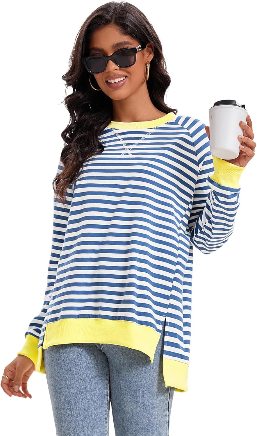 Womens Striped Color Block Sweatshirt Oversized Side Slit Crew Neck Loose Shirts Long Sleeve Pullover Tops 2025 Trendy - Image 5