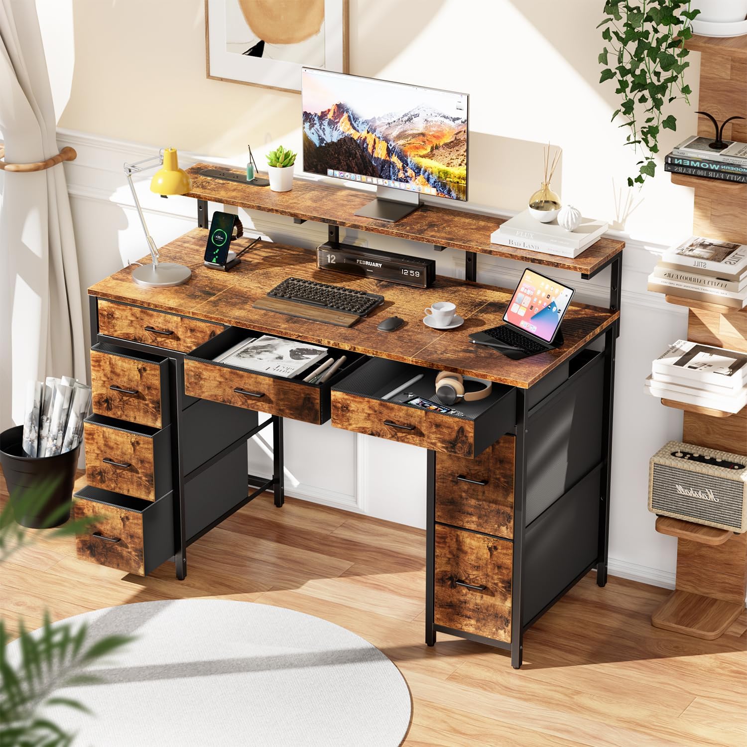hldirect 47 inch computer desk with 8 storage drawers, gaming desk with led lights & usb power outlets, home office table with monitor stand, study writing work table for bedroom, rustic brown