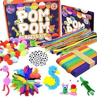 Asian Hobby Crafts Kids Pom Pom Crafts Kit with 250+ Craft Materials/Pipe Cleaners, Googly Eyes, Pompom Balls, Ice Cream S... Price In India