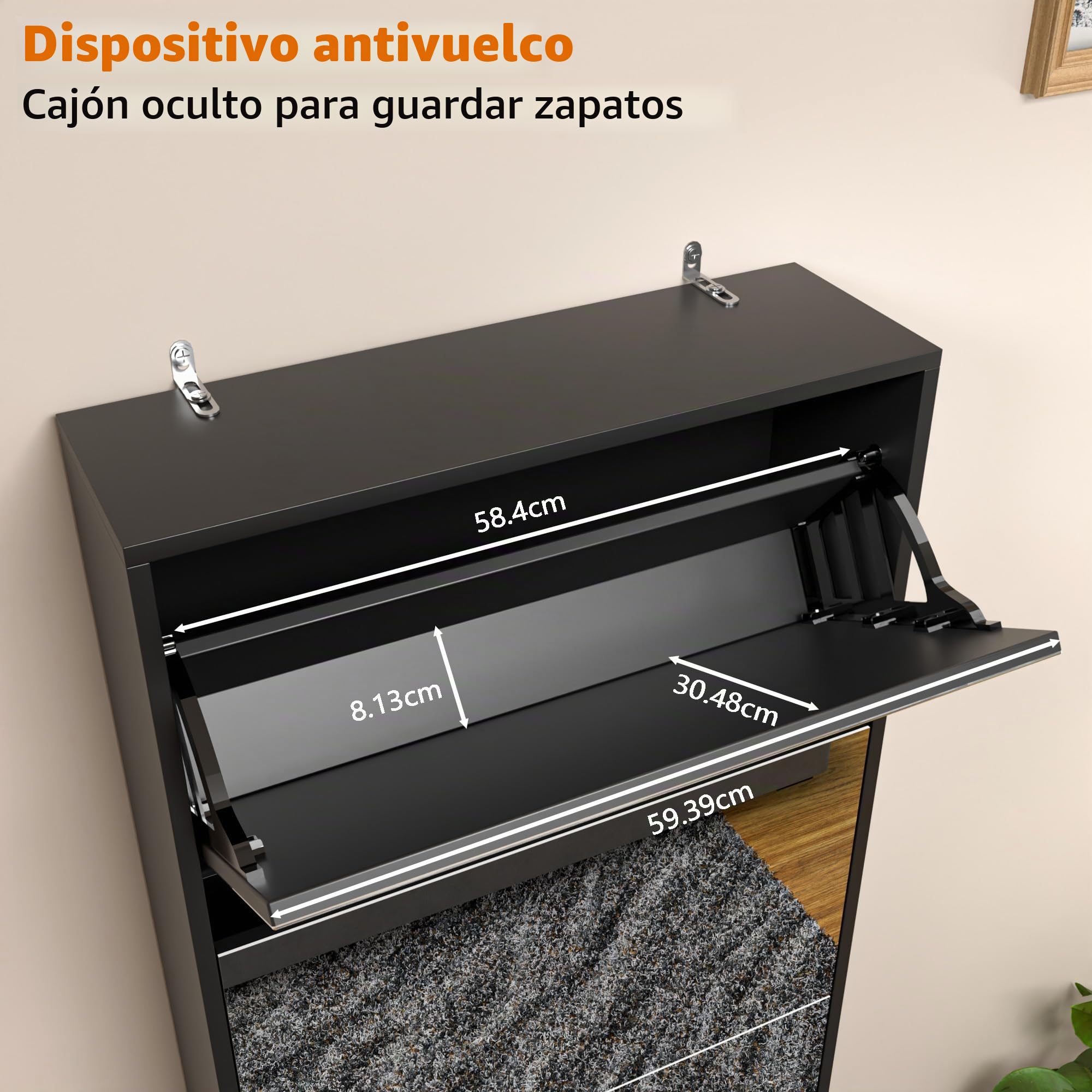 Zapatero negro con espejo, espejo de 185 cm de largo, 5 cajones plegables y espacio para 20 pares de zapatos, para entrada, dormitorio