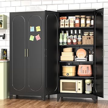 Polup Pantry Cabinet, 75 Inch Tall Kitchen Storage Cabinet, Metal Pantry Cabinet with Doors and Adjustable Shelves, Black Food Cupboard Freestanding Cabinet for Living&Dinning Room-Assembly Required