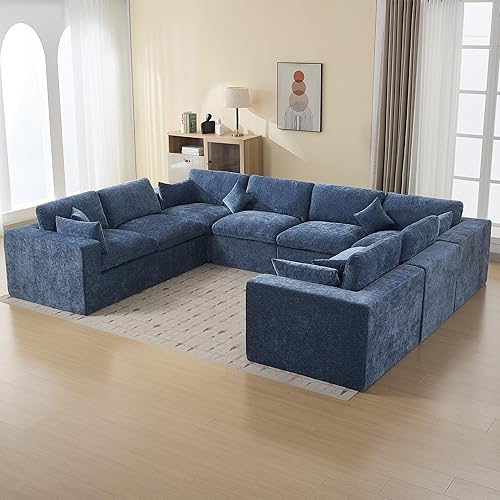 155''Cloud Boneless Sectional Couch, Modular Sectional Sofa Deep Seat, Oversized Upholstered Convertible Comfy 8 Seater Chenille Memory Foam Sofa U Shape Couches for Living Room, Blue