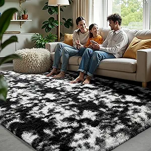 Zentavio Black and White Area Rugs for Living Room Large Rugs for Bedroom 5x8 Soft Carpet Fluffy Furry Shag Aesthetic Plush High Pile Gray Throw Rug for Nursery Kids Room Dorm Tie-Dyed