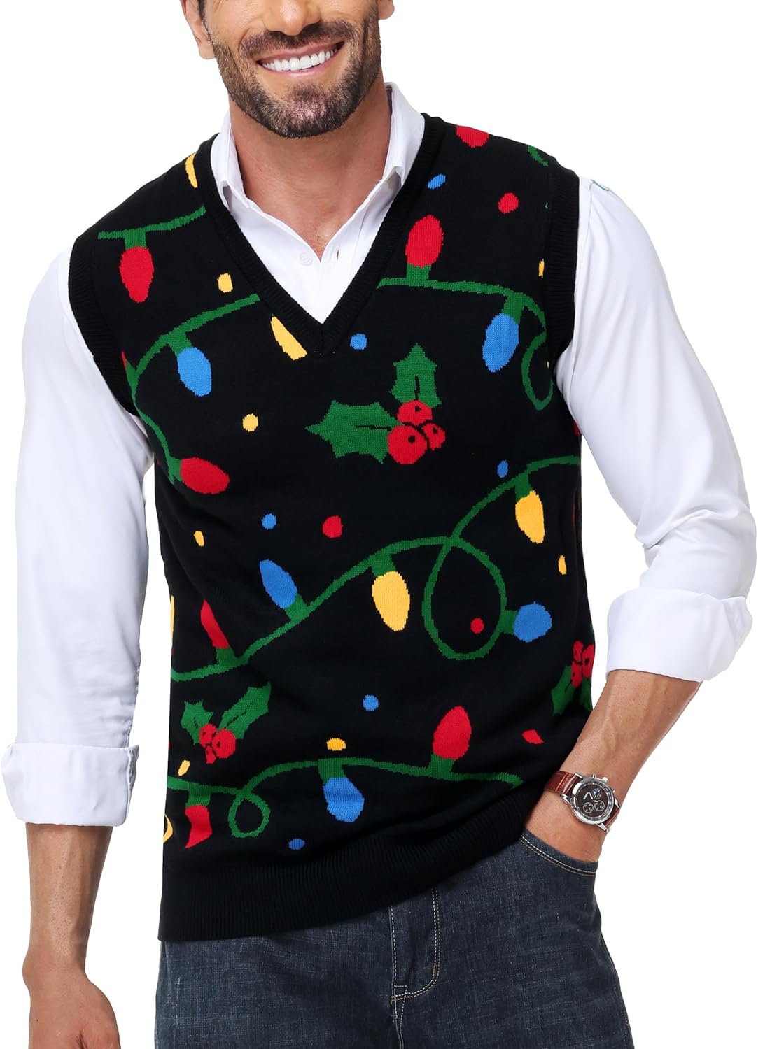 Men Christmas Sweater Vest V Neck Ugly Xmas Holiday Knit Sleeveless Pullover