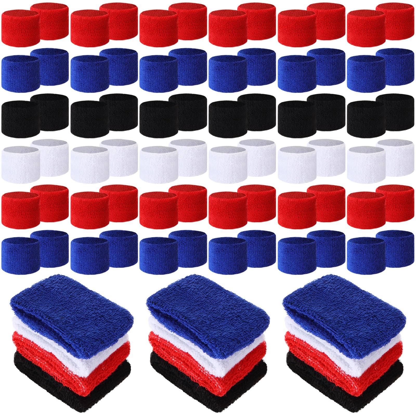 Lounsweer 72 Pcs Wrist Sweatbands Bulk for Kids Teams Sweat Bands Sports Fan Wristbands Wristband Athletic Sports Kids Sweatbands for Field Day Gym Party (Red, Royal Blue, White, Black)