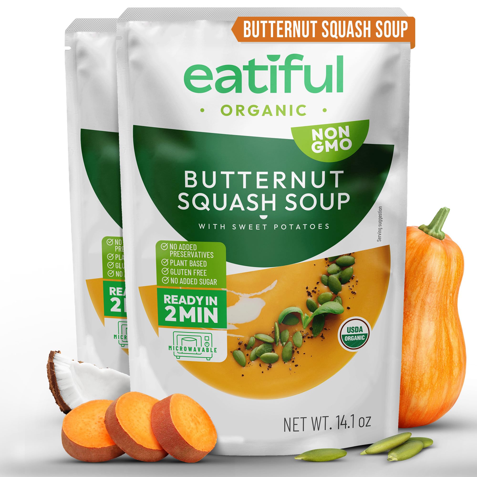 EATIFUL Sopa de Calabaza Moscada, Deliciosa Sopa de Calabaza Moscada Lista Para Comer con Boniatos, Elaborada con Verduras Ecológicas, de Origen Vegetal, sin Gluten y OMG, 400g (Paquete De 2)