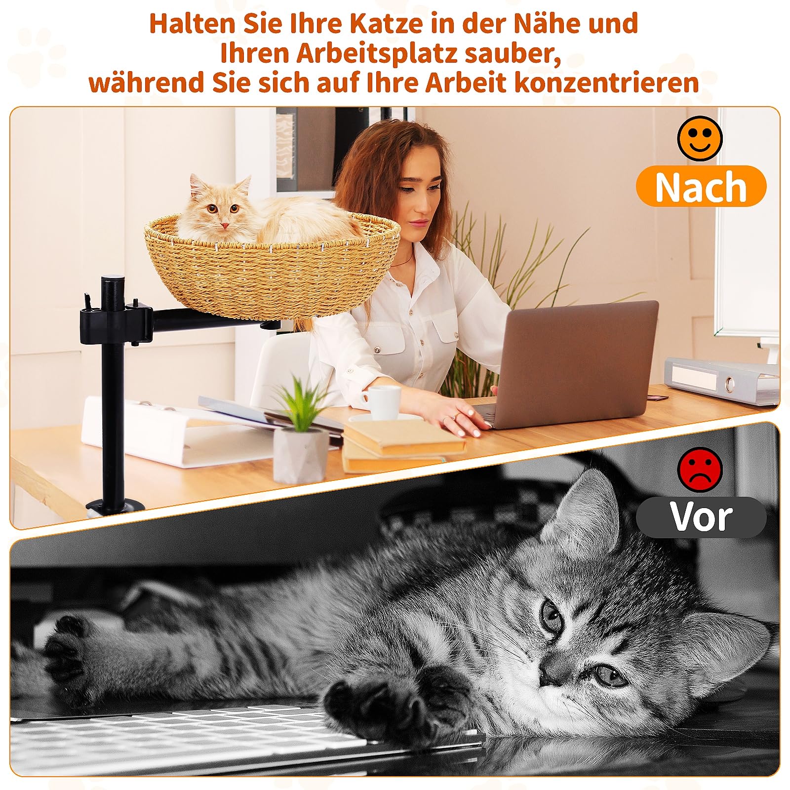 Katzenbett für Schreibtisch - 360°Drehung, verstellbare Höhe Kein Bohren Erhöhtes Katzenhaus über Schreibtisch Hält Kätzchen Katze nah und Arbeitsbereich Klarer Tisch-Katzenbett mit Haustier-Kissen