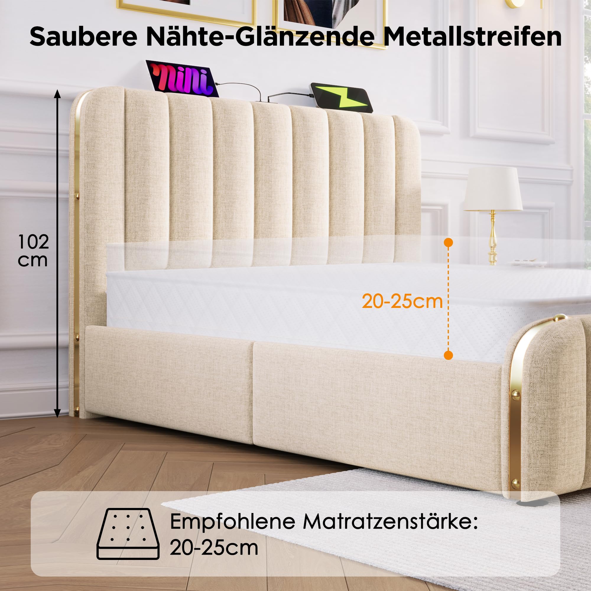 Letto matrimoniale imbottito,testata imbottita con finiture dorate e ricarica USB Type-C,180x200cm,tessuto di lino beige,letto contenitore idraulico,senza materasso