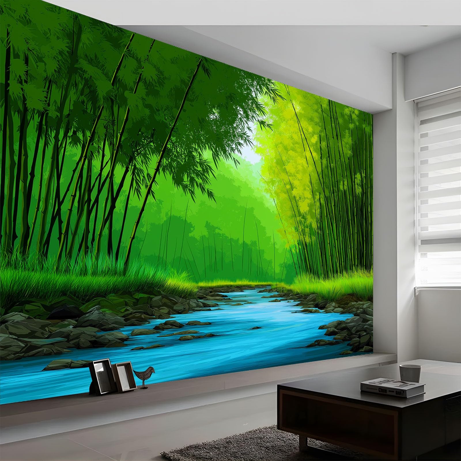Tapeta 3D, fototapeta klasy premium, 350 x 256 cm, naturalny las bambusowy i strumień, fototapeta do salonu, nowoczesna tapeta z włókniny, obraz ścienny XXL, tapeta ścienna, efekt 3D, dekoracja
