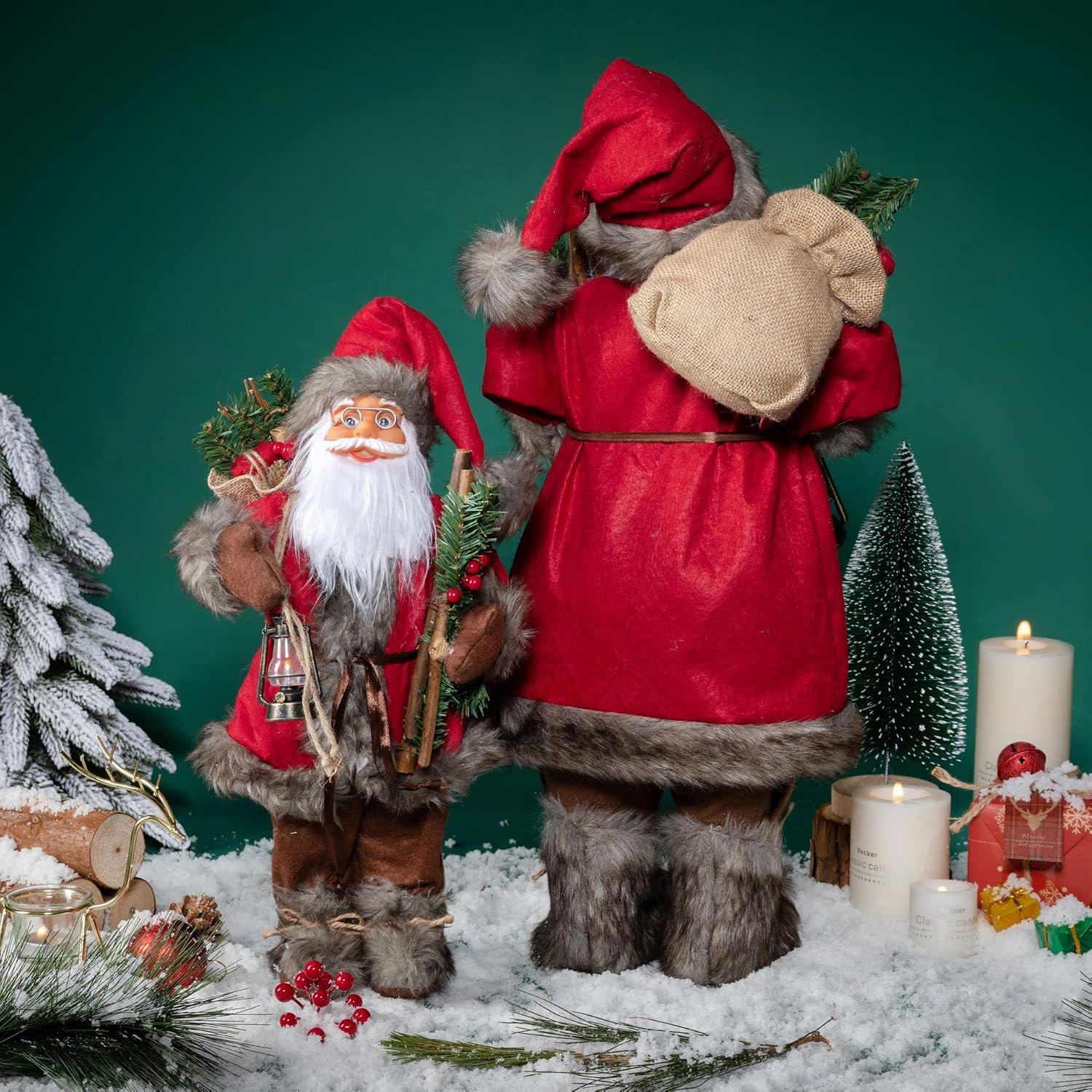 Christmas Santa Claus Figurine for Decor, 18-Inch Standing Decoration with Lantern and Fur Trim, and Home Window Christmas Decorations, Traditional Red image 5