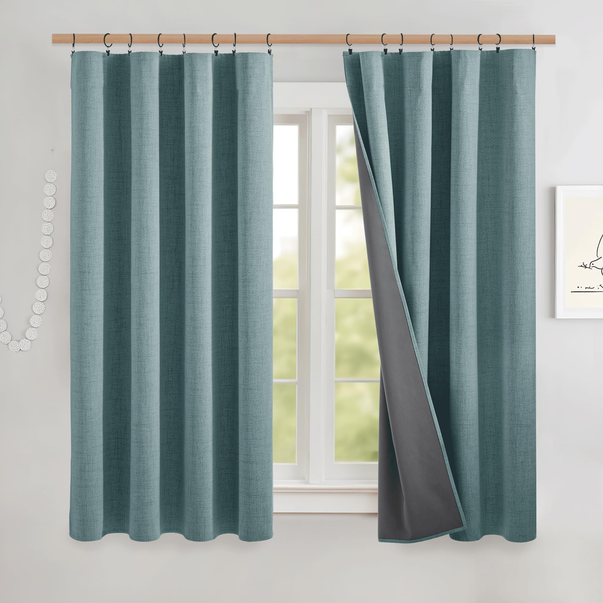 Photo 1 of NICETOWN Skylark Blue 100% Blackout Short Curtains 63" Long for Kitchen, Burlap Linen Blend Drapes with Thermal Insulated Grey Liner, Keeping Out Cold Air and Heat Panels (Set of 2, 52" Width)