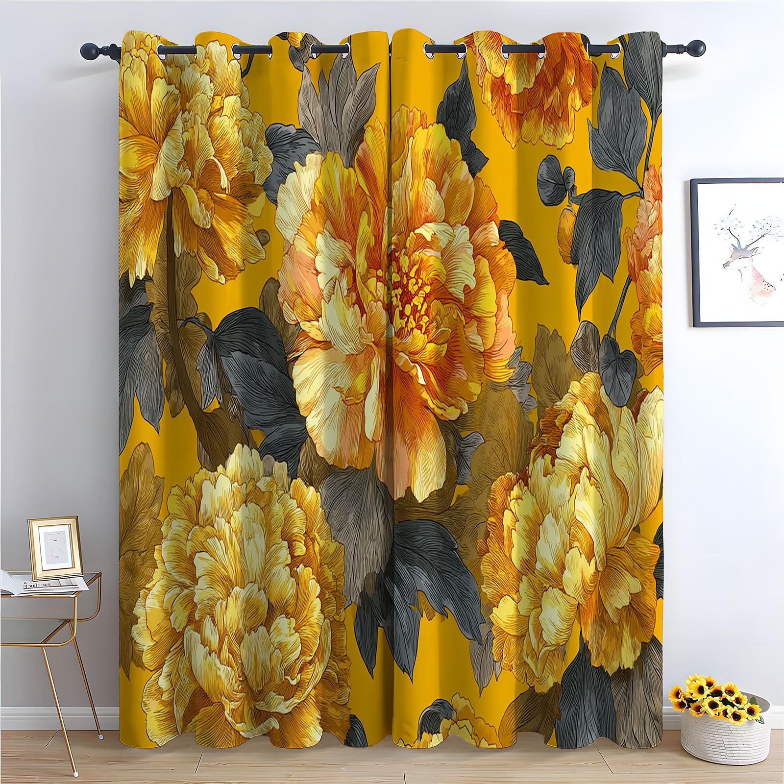 TERUEA Blackout Curtains Vintage golden yellow peony dark leaf bright floral Green Floral Patterned Curtains Vintage Art Deco Drapes Thermal Insulated Room Darkening Curtains-42 W x 63" L (Pack of 2)