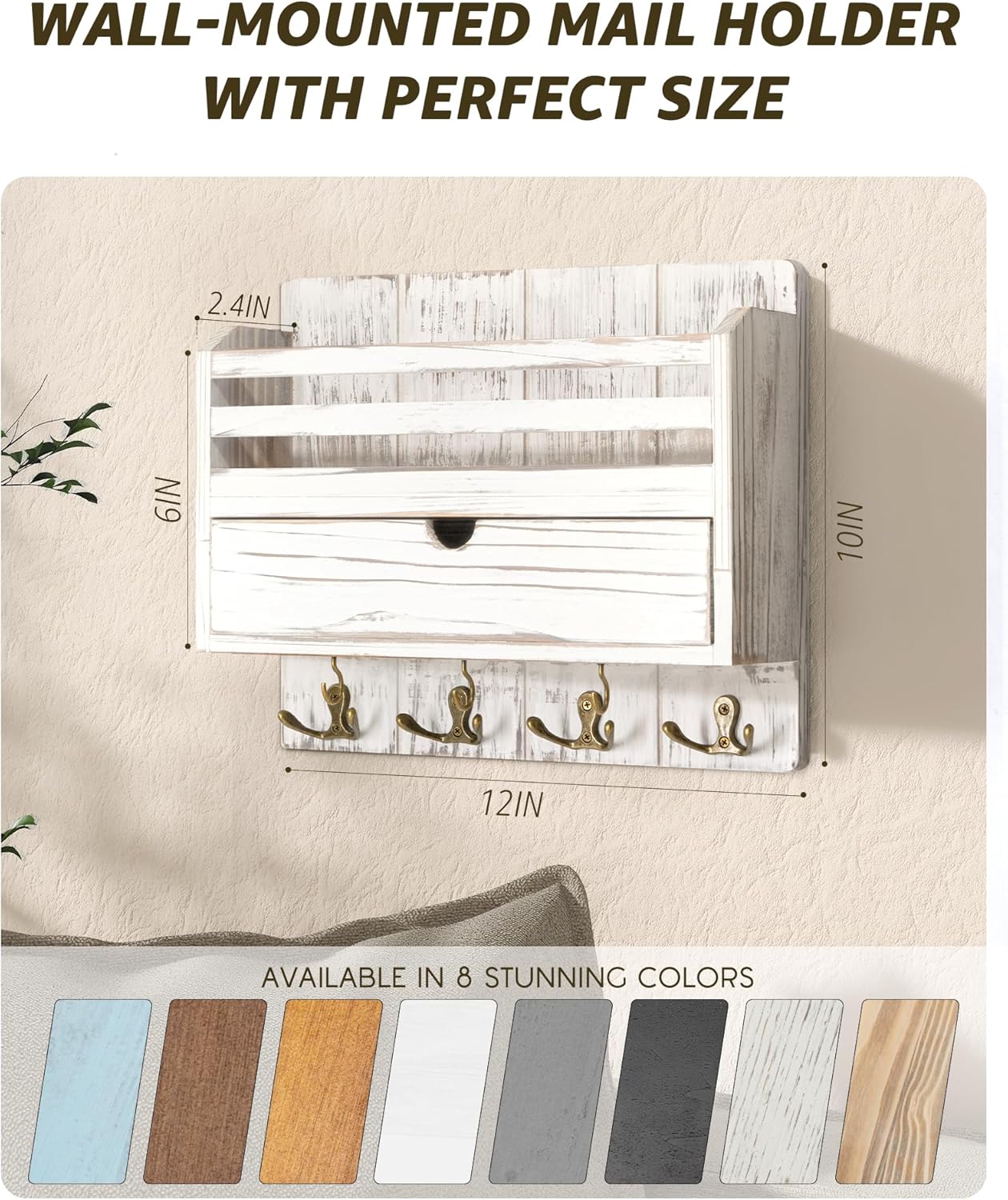 Rebee Vision Decorative Key & Mail Organizer Wall Mounted Set – Key Holder Wall Mount with Drawer Organizer & Floating Shelf – Elevate Your Home Decor with Double Charm (Whitewash)